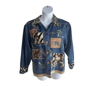 Vintage New Directions Women Medium Embroidery‎ Animal Print Blue Denim Jean